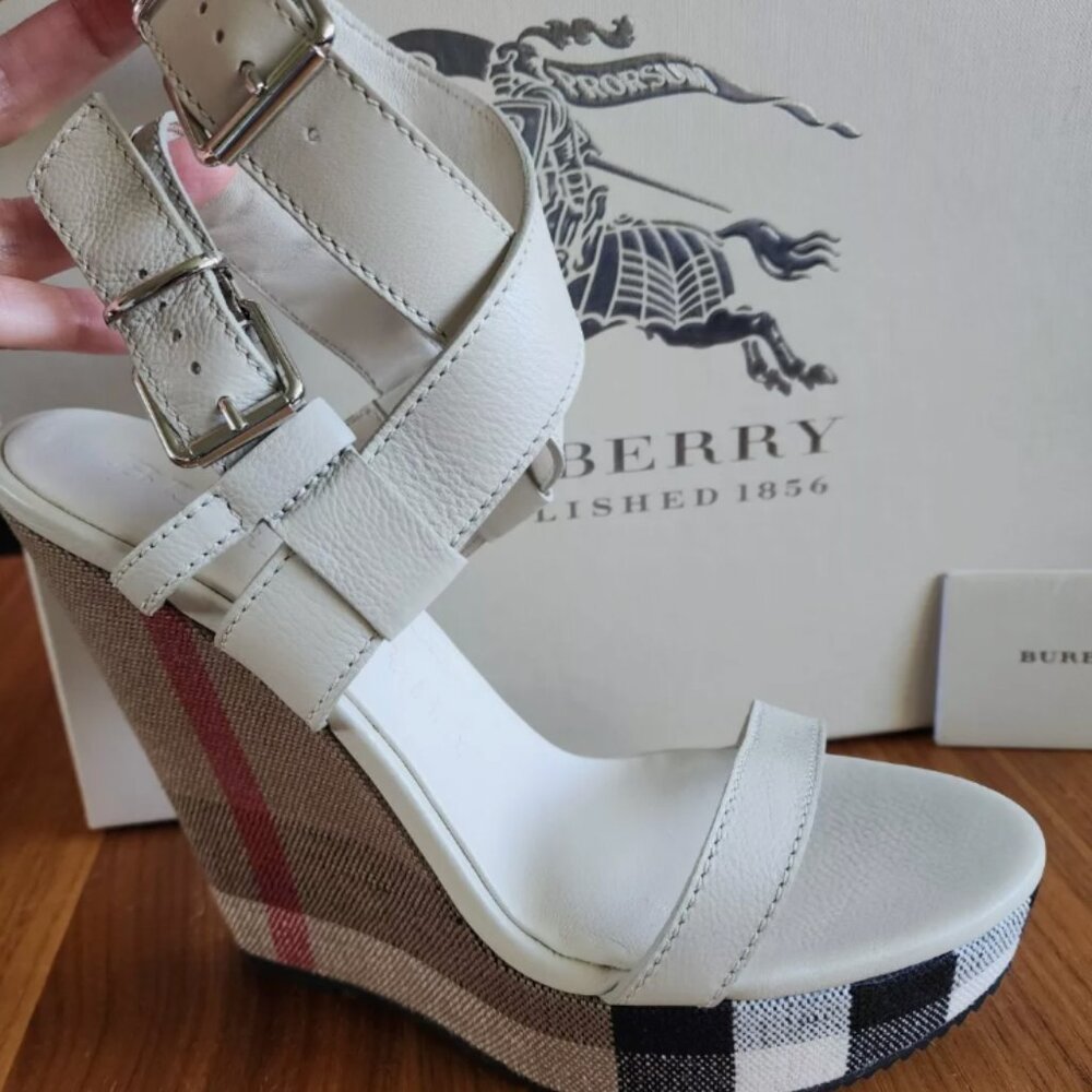 Burberry Brit Check White Leather Goldfinch Wedge Women's Sandals - Picture 2 of 15